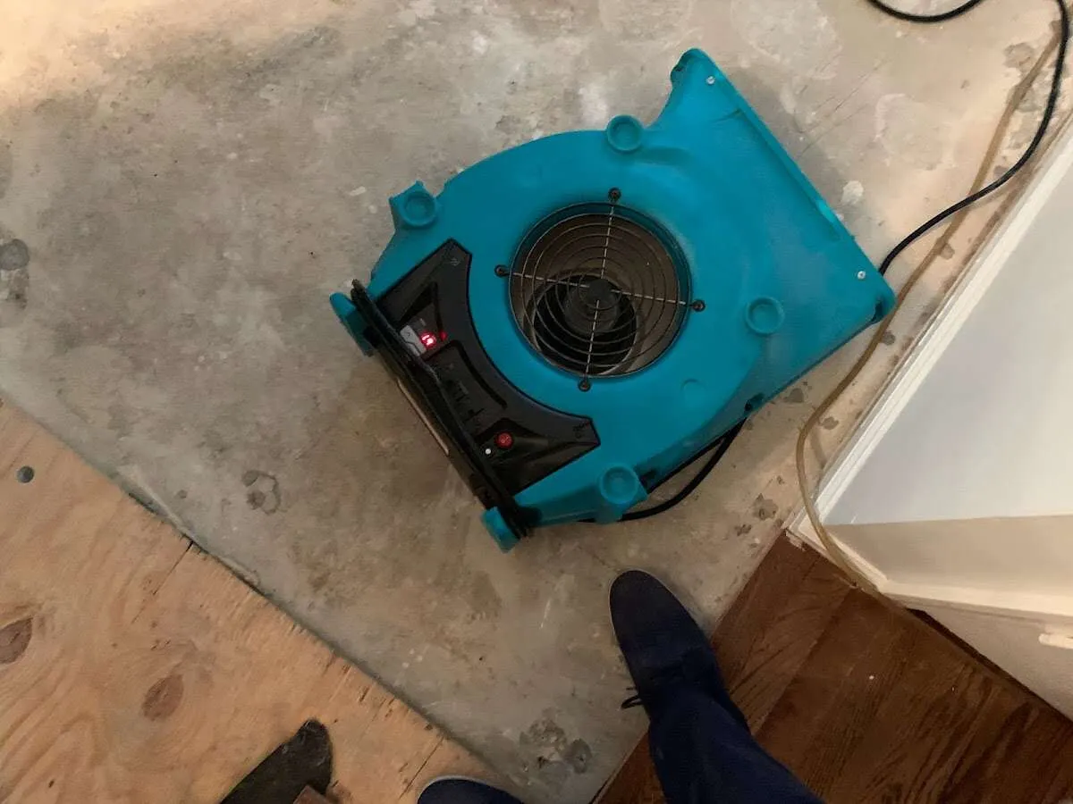 Air mover drying subfloor during Leak Detection & Repair in Ankeny